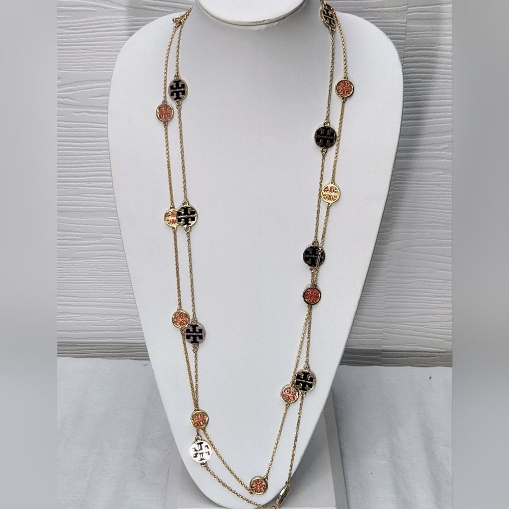 Tory Burch 2 Logo Necklaces Orange And Black 19.5" Designer Layered